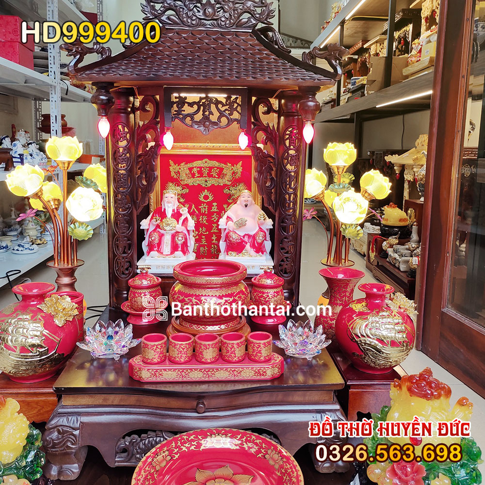 Bộ bàn thờ Thần Tài Mái Chùa Sứ gấm đỏ HD999400