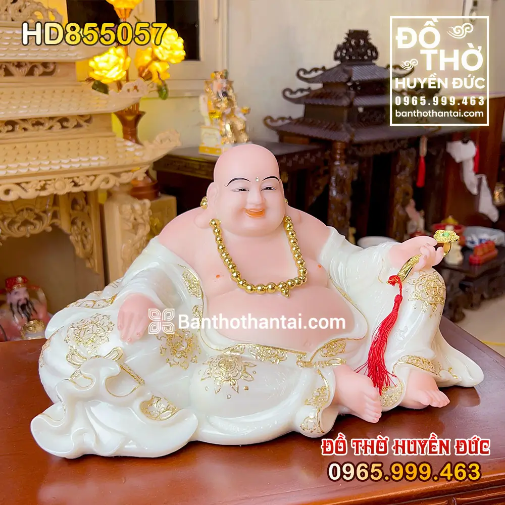 Tượng Phật Di Lặc Áo Trắng Ngồi Trên Túi Tiền Hoan Hỉ HD855057