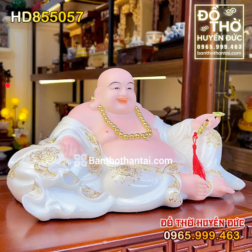 Tượng Phật Di Lặc Áo Trắng Ngồi Trên Túi Tiền Hoan Hỉ HD855057