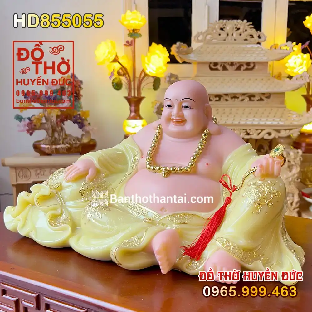 Tượng Phật Di Lặc Áo Vàng Ngồi Trên Túi Tiền Hoan Hỉ HD855055