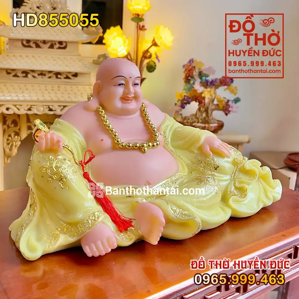 Tượng Phật Di Lặc Áo Vàng Ngồi Trên Túi Tiền Hoan Hỉ HD855055